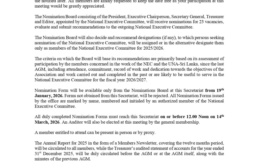 The 76th Annual General Meeting of UNA Sri Lanka